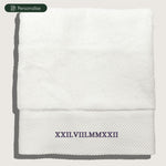 Personalised embroidered date towel in white terry cotton